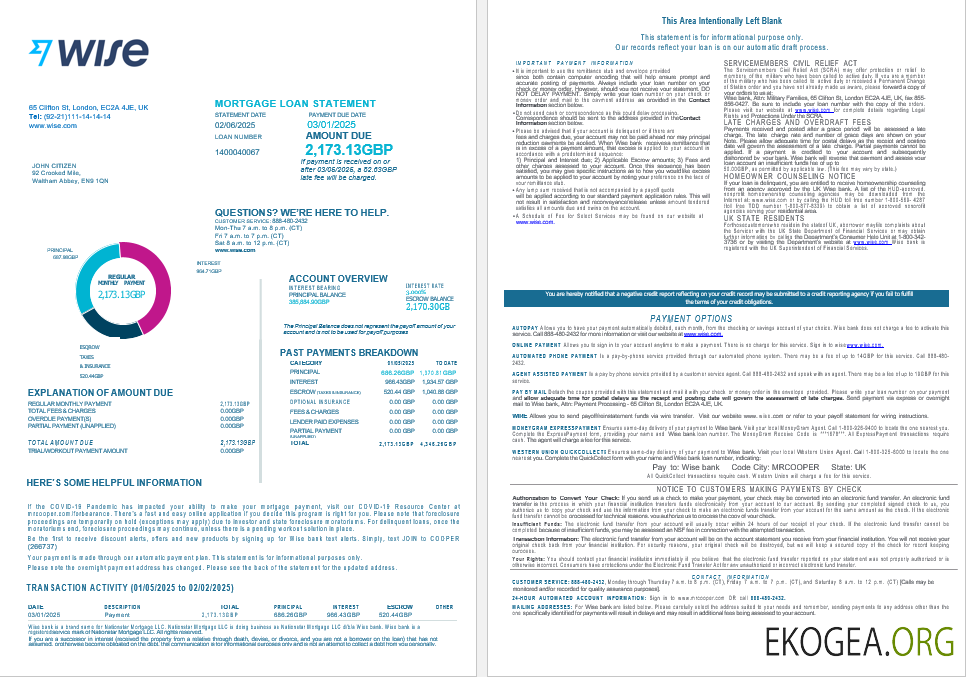 Royaume , Uni Relevé de prêt hypothécaire de la banque Wise aux formats Word et PDF, 4 pages 1, 2